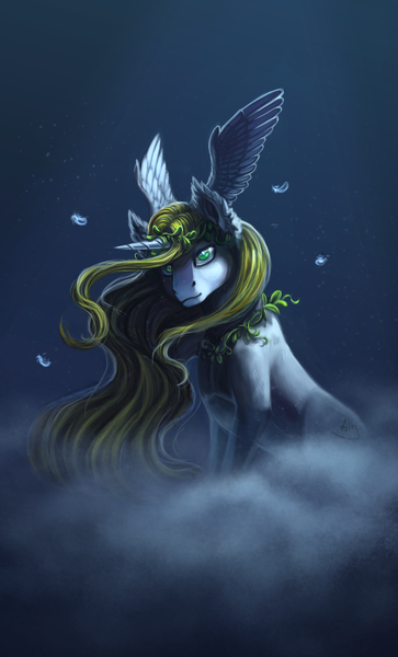 Size: 1551x2563 | Tagged: safe, artist:spirit-alu, derpibooru import, oc, unofficial characters only, pony, unicorn, cloud, cute, feather, gift art, head wings, lidded eyes, looking at you, present, simple background, sitting, smiling, solo, wat