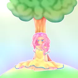 Size: 1000x1000 | Tagged: safe, artist:missmeower, derpibooru import, fluttershy, human, clothes, dress, heart eyes, humanized, lidded eyes, sitting, solo, tree, under the tree, wingding eyes