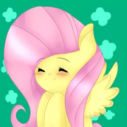 Size: 1000x1000 | Tagged: safe, artist:missmeower, derpibooru import, fluttershy, blushing, eyes closed, smiling, solo, spread wings