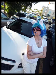 Size: 3456x4608 | Tagged: absurd resolution, artist:krazykari, car, clothes, cosplay, costume, derpibooru import, human, irl, irl human, photo, safe, solo, sunglasses, vinyl scratch