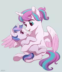 Size: 1387x1595 | Tagged: safe, artist:akeahi, derpibooru import, princess flurry heart, oc, oc:ilumina, pony, cousins, cute, duo, flurrybetes, foal, holding a pony, looking at each other, magical lesbian spawn, next generation, offspring, open mouth, parent:princess celestia, parent:twilight sparkle, parents:twilestia, simple background, smiling, spread wings, underhoof