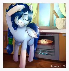 Size: 1100x1134 | Tagged: safe, artist:somepony-ul, derpibooru import, oc, unofficial characters only, pegasus, pony, baking, bowl, colored wings, colored wingtips, cooking, eyes closed, female, food, hairband, kitchen, mare, mixing bowl, oven, pie, socks (coat marking), solo