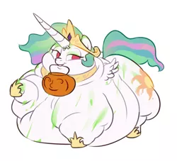 Size: 1014x921 | Tagged: artist:mellowhen, belly, clothes, costume, derpibooru import, fake horn, fat, halloween, impossibly large belly, le lenny face, lidded eyes, morbidly obese, obese, oc, oc:bric-a-brac, princess celestia, safe, simple background, smiling, solo, white background