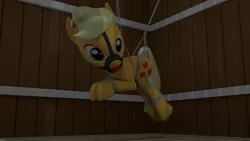 Size: 1920x1080 | Tagged: 3d, applejack, artist:fnyorid, ballgag, bondage, bridle, derpibooru import, gag, rope, rope bondage, solo, suggestive, suspended, suspension bondage, tack