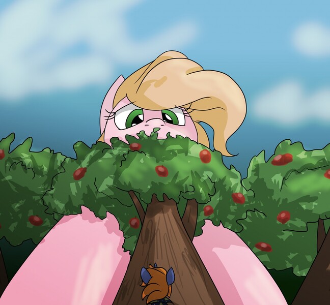 Size: 1280x1185 | Tagged: safe, artist:epicsquirrelgirl, derpibooru import, oc, oc:ellison pippin, oc:star bright, unofficial characters only, earth pony, pony, unicorn, apple orchard, apple tree, cape, clothes, female, giant pony, giantess, growth, growth spell, macro, male, mare, micro, size difference, stallion, tiny, tiny ponies, tree, wizard