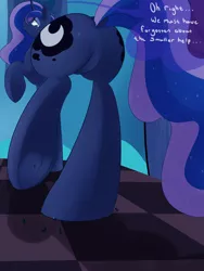 Size: 1500x2000 | Tagged: artist:mrrowboat, crush fetish, derpibooru import, dock, featureless crotch, hoof fetish, hooves, looking back, micro, moonbutt, plot, praise the moon, princess luna, size difference, squish, suggestive, tiny ponies, underhoof