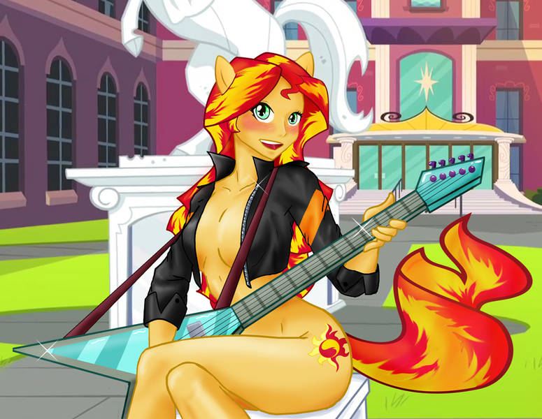 Size: 1100x852 | Tagged: questionable, artist:aprion, derpibooru import, sunset shimmer, anthro, equestria girls, adorasexy, blushing, bottomless, breasts, busty sunset shimmer, canterlot high, cleavage, clothes, courtyard, crossed legs, cute, electric guitar, female, flying v, guitar, no bra underneath, open clothes, open shirt, partial nudity, sexy, sitting, solo, solo female