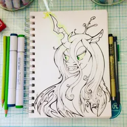 Size: 960x960 | Tagged: safe, artist:spirit-woods, derpibooru import, queen chrysalis, grin, magic, monochrome, smiling, solo, traditional art