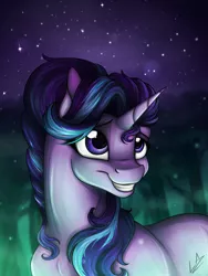 Size: 3000x4000 | Tagged: artist:lupiarts, cute, derpibooru import, eye reflection, forest, grin, night, safe, sky, smiling, solo, starlight glimmer, stars