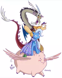 Size: 715x890 | Tagged: safe, artist:jowybean, derpibooru import, discord, trixie, draconequus, flying pig, pig, pony, unicorn, to where and back again, annoyed, female, flying, male, mare, open mouth, ponies riding pigs, shipping, signature, simple background, smiling, spread wings, straight, toy boat, trixcord, trixie's cape, white background