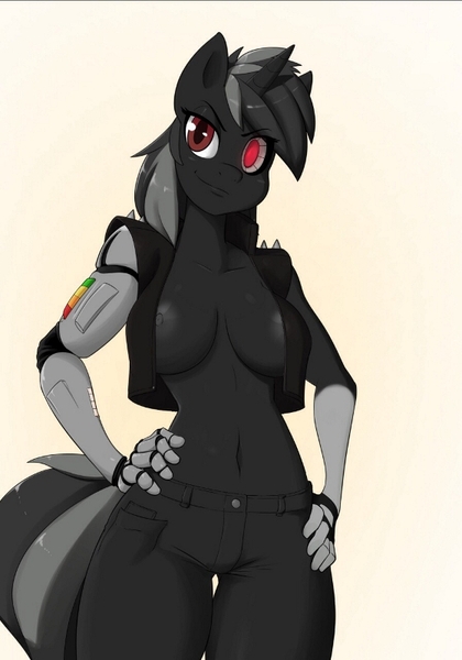 Size: 560x800 | Tagged: amputee, anthro, anthro oc, artist:skecchiart, augmented, breasts, cyborg, derpibooru import, female, nipples, nipple slip, nudity, oc, oc:sprocket, prosthetic limb, prosthetics, questionable, solo, solo female, unofficial characters only