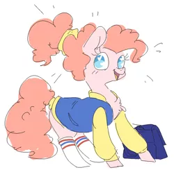 Size: 1063x1041 | Tagged: safe, artist:nobody, derpibooru import, pinkie pie, alternate hairstyle, bag, chest fluff, clothes, cute, heart eyes, jacket, looking at you, open mouth, ponytail, socks, solo, tail wrap, teenager, wingding eyes, younger