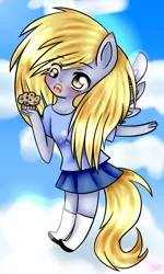 Size: 1200x2000 | Tagged: anthro, artist:missmeower, blushing, clothes, cute, derpabetes, derpibooru import, derpy hooves, food, moe, muffin, pleated skirt, safe, shoes, skirt, socks, solo