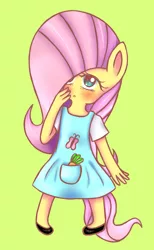 Size: 875x1424 | Tagged: anthro, artist:missmeower, blushing, clothes, derpibooru import, dress, fluttershy, safe, solo