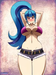 Size: 675x900 | Tagged: suggestive, artist:layerth, derpibooru import, edit, editor:theabridgenator, sonata dusk, equestria girls, arm behind head, armpits, belly button, big breasts, bikini, bimbo, blushing, breasts, busty sonata dusk, clothes, daisy dukes, female, human coloration, looking down, photoshop, ponytail, shorts, solo, solo female, swimsuit, thunder thighs