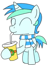 Size: 423x579 | Tagged: safe, artist:toyminator900, derpibooru import, oc, oc:cyan lightning, unofficial characters only, pony, unicorn, clothes, drinking, food, mango, mango juice, scarf, smiling, solo, straw