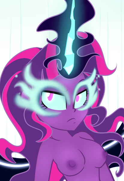 Size: 1024x1486 | Tagged: questionable, artist:wubcakeva, derpibooru import, sci-twi, twilight sparkle, equestria girls, friendship games, alternate hairstyle, breasts, busty twilight sparkle, female, looking at you, midnight sparkle, nipples, nudity, raised eyebrow, show accurate, show accurate porn, simple background, solo, solo female, white background