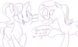 Size: 900x550 | Tagged: artist:goat train, derpibooru import, dialogue, looking at each other, monochrome, multeity, now neither of us will be virgins, open mouth, simple background, sketch, smiling, starlight glimmer, suggestive, white background