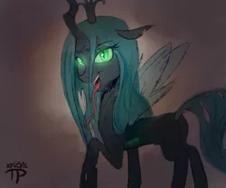 Size: 1440x1200 | Tagged: safe, artist:thethunderpony, derpibooru import, edit, queen chrysalis, changeling, changeling queen, bedroom eyes, fangs, female, glowing eyes, lidded eyes, long tongue, open mouth, quadrupedal, solo, tongue out