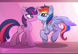 Size: 2375x1659 | Tagged: safe, artist:pedrohander, derpibooru import, rainbow dash, twilight sparkle, twilight sparkle (alicorn), alicorn, pegasus, pony, :o, bedroom eyes, eye contact, female, flying, kissing, lesbian, looking at each other, mare, nose kiss, open mouth, shipping, spread wings, twidash