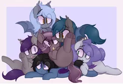 Size: 1278x875 | Tagged: safe, artist:toroitimu, derpibooru import, oc, oc:chiro, oc:ipomoea, oc:iris, oc:nolegs, oc:panne, oc:speck, unofficial characters only, bat pony, pony, cuddle puddle, cuddling, cute, cute little fangs, fangs, group, looking at you, looking back, looking down, on back, open mouth, pile, pony pile, prone, smiling, spread wings, underhoof