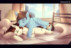 Size: 1280x856 | Tagged: safe, artist:somepony-ul, derpibooru import, oc, oc:charlie, oc:sorren, unofficial characters only, earth pony, pegasus, pony, bed, bedroom, charren, commission, couple, cute, hug, male, morning ponies, romance, straight, sweet