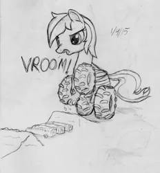 Size: 1017x1094 | Tagged: safe, artist:midwestbrony, derpibooru import, oc, oc:wheely bopper, unofficial characters only, original species, pony, wheelpone, bus, giant pony, giant wheelpone, giant wheelpones is gonna end us all with that size, image, macro, monochrome, monster truck, png, solo, traditional art