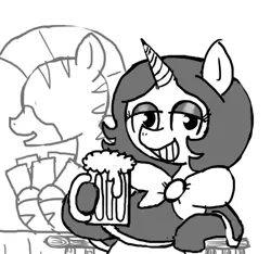 Size: 640x600 | Tagged: safe, artist:ficficponyfic, derpibooru import, oc, oc:joyride, unofficial characters only, pony, unicorn, zebra, colt quest, adult, alcohol, beer, bowtie, card, chair, clothes, cyoa, eyeshadow, female, grin, horn, leggings, makeup, mantle, mare, monochrome, mug, sitting, smiling, solo focus, story included, table