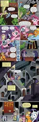 Size: 651x2000 | Tagged: safe, derpibooru import, edit, idw, applejack, fluttershy, pinkie pie, rainbow dash, rarity, twilight sparkle, earth pony, goo, pegasus, pony, unicorn, comic:friendship is dragons, spoiler:comic, chrono chrys, clothes, comic, costume, female, flying, frown, hat, looking up, mane six, mare, onomatopoeia, pony costume, scared, text edit, unicorn twilight