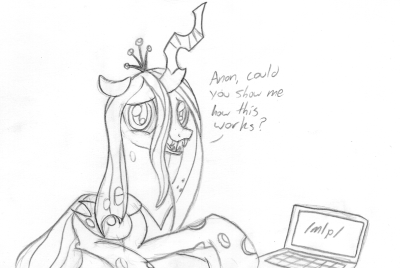 Size: 1114x745 | Tagged: artist needed, computer, derpibooru import, laptop computer, /mlp/, monochrome, queen chrysalis, safe, solo, source needed, traditional art