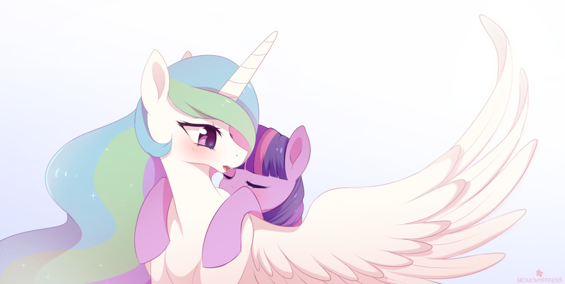 Size: 1280x643 | Tagged: dead source, safe, artist:verawitch, derpibooru import, princess celestia, twilight sparkle, twilight sparkle (alicorn), alicorn, pony, blushing, colored pupils, eyes closed, fairandfaithful, female, hug, lesbian, looking back, mare, open mouth, ponies riding ponies, shipping, simple background, spread wings, surprised, twilestia, white background
