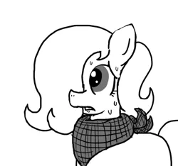 Size: 640x600 | Tagged: suggestive, artist:ficficponyfic, derpibooru import, oc, oc:emerald jewel, unofficial characters only, earth pony, pony, colt quest, aroused, bandana, blank flank, child, colt, femboy, foal, grayscale, hair over one eye, lip bite, male, monochrome, nervous, story included, sweat, worried