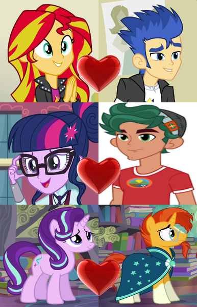 Size: 480x747 | Tagged: safe, derpibooru import, flash sentry, sci-twi, starlight glimmer, sunburst, sunset shimmer, timber spruce, twilight sparkle, equestria girls, cropped, flashimmer, heart, magical trio, male, shipping, shipping domino, starburst, straight, timbertwi