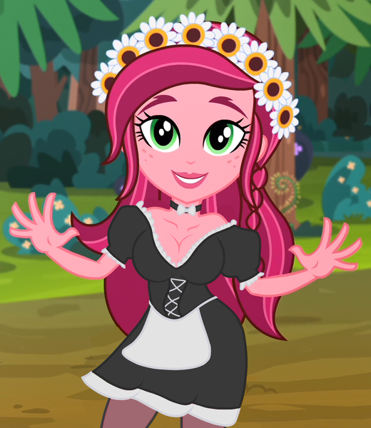Size: 819x945 | Tagged: suggestive, derpibooru import, edit, edited screencap, screencap, gloriosa daisy, equestria girls, legend of everfree, big breasts, breast edit, breasts, cleavage, clothes, dress, female, floral head wreath, forest, french maid, lingerie, lingerie edit, maid, solo, solo female, stockings
