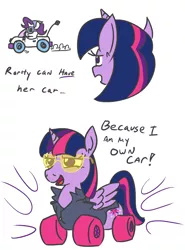 Size: 954x1286 | Tagged: alicorn, artist:jargon scott, car, clothes, comic, derpibooru import, dialogue, driving, jacket, lidded eyes, open mouth, original species, rarity, safe, simple background, smiling, smirk, sunglasses, toy interpretation, turbo teen, twilight sparkle, twilight sparkle (alicorn), wat, wheelpone, white background