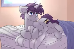 Size: 6000x4000 | Tagged: safe, artist:annakitsun3, derpibooru import, oc, oc:l cut, unofficial characters only, pony, unicorn, bed, bed mane, blanket, groggy, morning, morning ponies, sleepy, solo