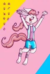 Size: 2756x4079 | Tagged: accessories, alien, anklet, arm bands, artist:chiptunebrony, clothes, crossover, cute, cutie mark, derpibooru import, eyes closed, font, happy, jumping, oc, pi, pinkie pie, qinnisian, runes, safe, smiling, solo, species swap, symbols, the symnatrix chronicles, unofficial characters only