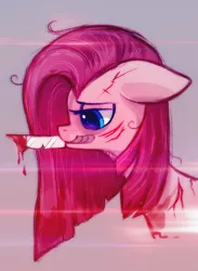 Size: 1709x2339 | Tagged: semi-grimdark, artist:mirtash, derpibooru import, pinkie pie, earth pony, pony, blood, bust, female, floppy ears, injured, knife, lens flare, looking down, mare, mouth hold, pinkamena diane pie, portrait, rcf community, solo