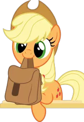 Size: 10508x15182 | Tagged: absurd resolution, applejack, artist:pink1ejack, cowboy hat, cute, derpibooru import, edit, hat, jackabetes, mouth hold, saddle bag, safe, simple background, smiling, solo, stetson, to saddlebags and back again, to where and back again, transparent background, vector, vector edit