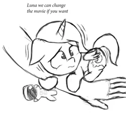 Size: 1500x1500 | Tagged: arm, artist:purpleblackkiwi, astronaut, black and white, cuddling, cute, derpibooru import, dialogue, doll, filly, grayscale, hand, human, lunabetes, monochrome, not safe for woona, princess luna, safe, scared, shaking, simple background, snuggling, toy, white background, woona, younger