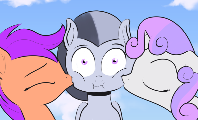 Size: 1024x622 | Tagged: safe, artist:cosmonaut, derpibooru import, rumble, scootaloo, sweetie belle, eyes closed, kiss on the cheek, kiss sandwich, kissing, lucky bastard, male, rumbelle, rumble gets all the fillies, rumbloo, shipping, straight