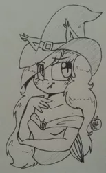 Size: 789x1280 | Tagged: safe, artist:notenoughapples, derpibooru import, oc, oc:starstruck symphony, unofficial characters only, anthro, bat pony, bat ponified, hat, inktober, monochrome, race swap, solo, traditional art, witch hat