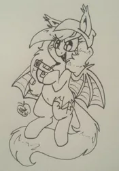 Size: 894x1280 | Tagged: safe, artist:notenoughapples, derpibooru import, oc, oc:starstruck symphony, unofficial characters only, bat pony, pony, bat ponified, gun, inktober, monochrome, race swap, solo, traditional art, weapon