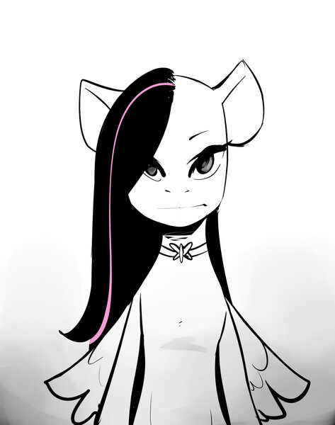 Size: 1024x1300 | Tagged: ambiguous facial structure, artist:swomswom, black and white, choker, derpibooru import, empty eyes, fluttershy, goth, gradient background, gray background, grayscale, monochrome, neo noir, no catchlights, partial color, safe, semi-anthro, simple background, solo, two toned mane, white background