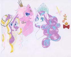 Size: 525x419 | Tagged: artist:frozensoulpony, derpibooru import, oc, oc:mi munequita preciosa, oc:rosequart lustre, offspring, older, parent:princess cadance, parent:shining armor, parents:shiningcadance, princess flurry heart, safe, traditional art