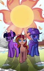 Size: 2177x3493 | Tagged: safe, artist:cloureed, derpibooru import, sci-twi, sunset shimmer, trixie, twilight sparkle, ponified, pony, unicorn, fanfic, alternate universe, counterparts, cover art, fanfic art, fanfic cover, magical trio, sun, sunshine shimmer, twilight's counterparts, winter