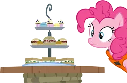 Size: 13845x9094 | Tagged: absurd resolution, artist:cyanlightning, cucumber sandwiches, cupcake, derpibooru import, food, pinkie pie, ppov, safe, sandwich, simple background, solo, .svg available, table, transparent background, vector