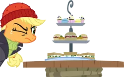 Size: 14186x8848 | Tagged: absurd resolution, applejack, artist:cyanlightning, captain jackbeard, clothes, cucumber sandwiches, cupcake, derpibooru import, food, frown, glare, one eye closed, ppov, safe, sandwich, simple background, solo, .svg available, table, transparent background, vector, wink