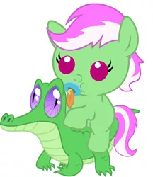 Size: 836x967 | Tagged: safe, artist:red4567, derpibooru import, gummy, oc, oc:mint condition, pony, baby, baby pony, cute, ocbetes, pacifier, ponies riding gators, riding