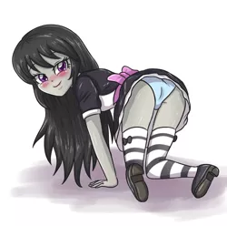 Size: 3507x3472 | Tagged: suggestive, artist:sumin6301, derpibooru import, octavia melody, equestria girls, ass, blue underwear, blushing, clothes, cute, dress, female, looking at you, looking back, looking back at you, maid, octamaid, outfit, panties, smiling, socks, solo, solo female, striped socks, underwear